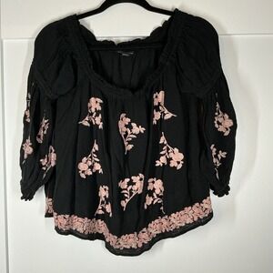 American Eagle Outfitters Top Women's Sz L Black Floral Embroidered Boho Cottage